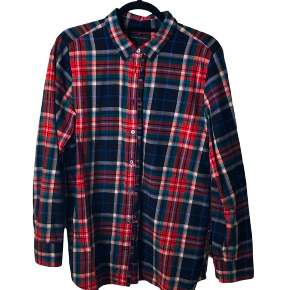 Plaid lightweight flannel/combed cotton shirt with ruffle detail